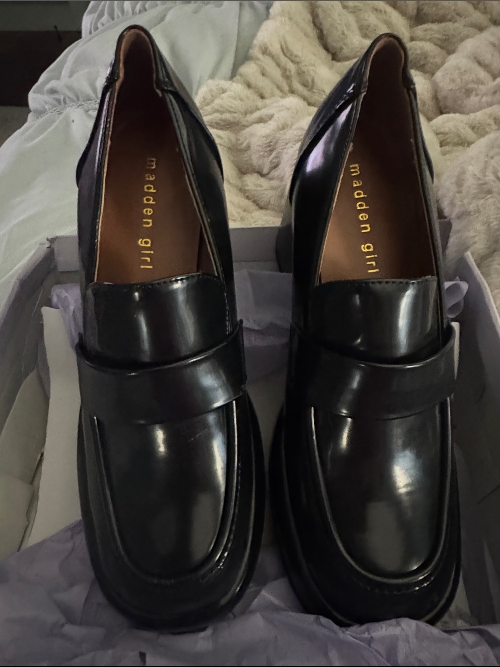 Madden Girl Shiny Black Patent Penny Loafers